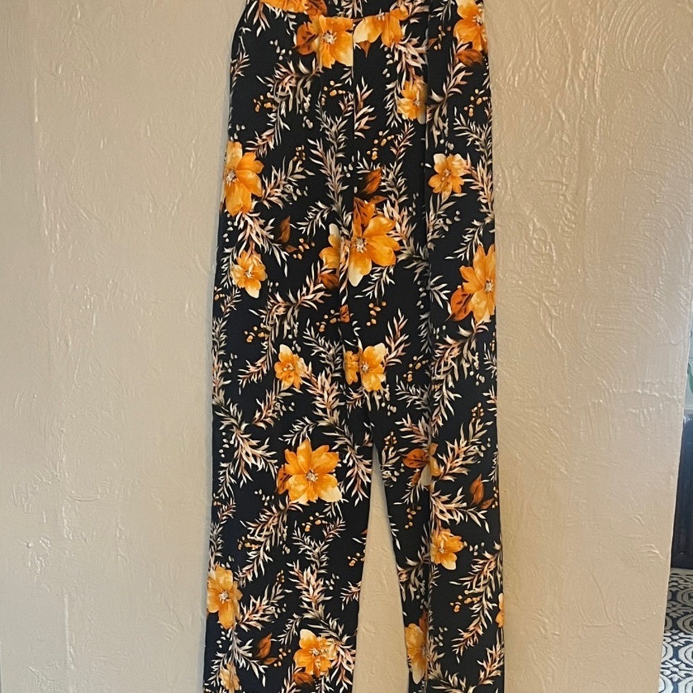 Blue Rain Floral Pull On Black & Orange Silky Straight Leg Pocketed Pants Medium - Picture 6 of 6